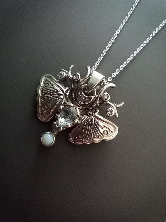 Aquamarine & Opal Winter Moth Pendant