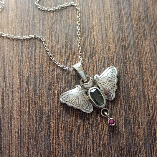 Sapphire & Garnet Moth Pendant