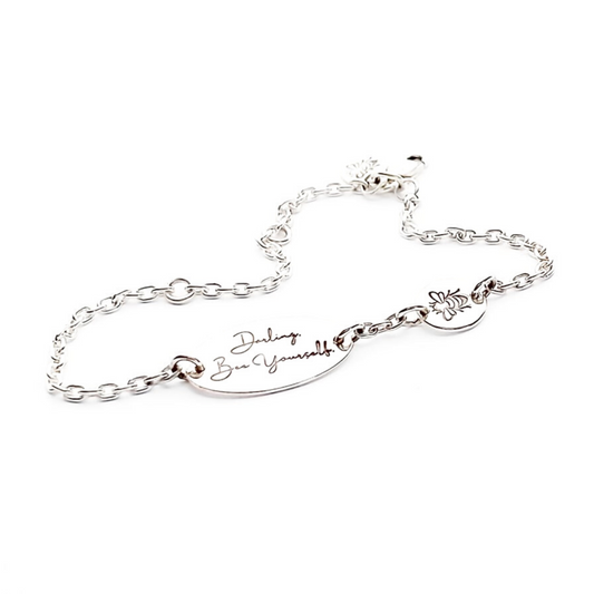 Children's ID bracelet with motivational text and bee motif. Made from ethically sourced sterling silver.